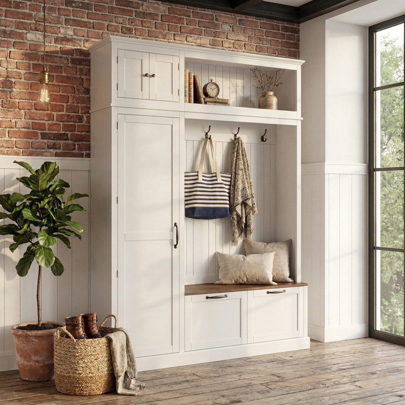 59" Wide Modern Farmhouse Entryway Hall Tree With Storage Bench, White