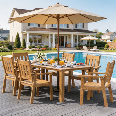 All Weather Outdoor Dining Set for 6 Person HIPS 7 Pieces Patio Dining Sets with Umbrella Hole Patio Furniture Modern Plastic Outdoor Dining Table and Chair Set for Lawn, Backyard, Porch, Deck, Teak