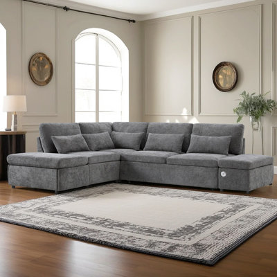 Modular L-Shaped Pull-Out Sofa Bed with USB Ports and Movable Storage Ottoman