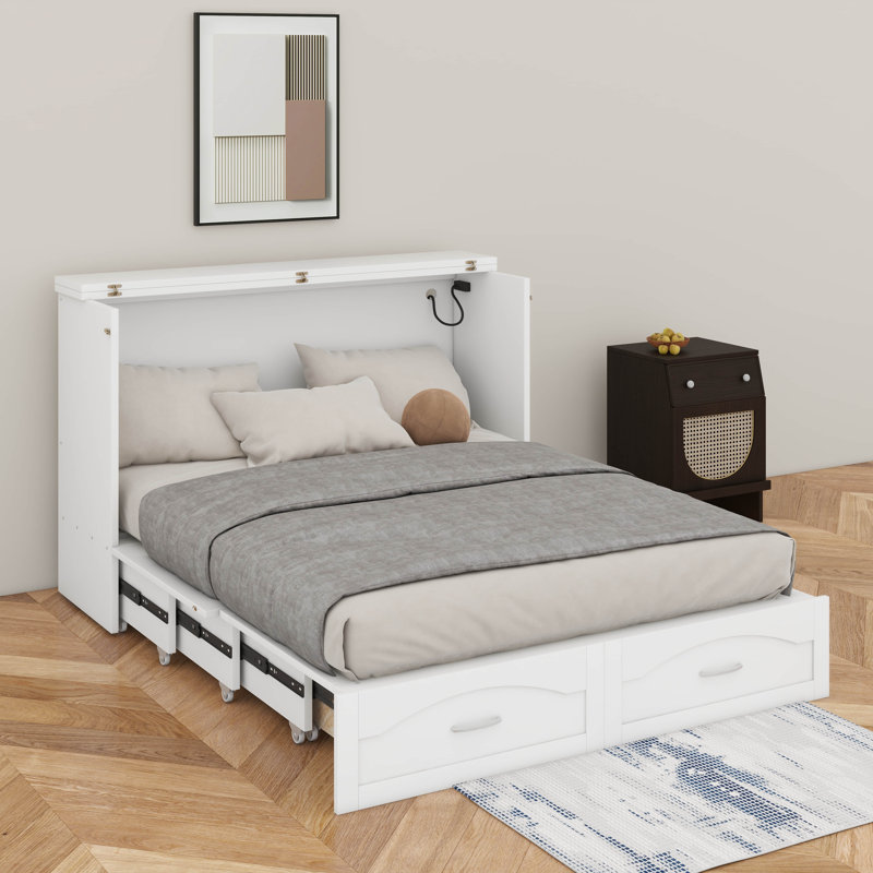 Grand lit escamotable avec tiroir et port USB, Blanc