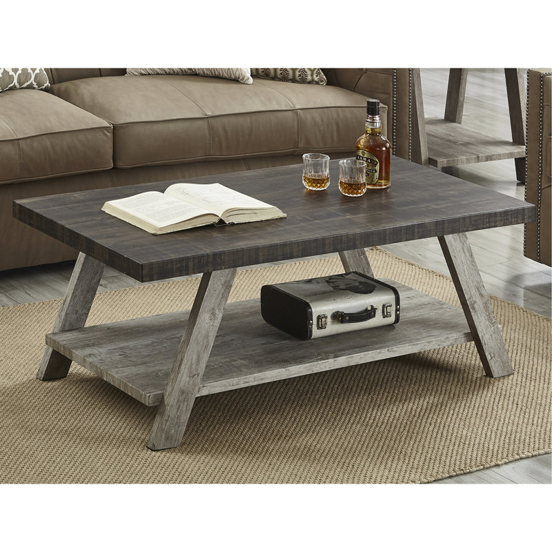 Table basse contemporaine bicolore en bois avec plateau en noyer patiné et tablette, H 18,9 po x l 48 po x P 24 po