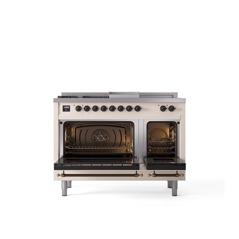 ILVE Nostalgie II 48 in Dual Fuel Range, 5 Burner, Griddle, Frenchtop, Liquid Propane, Antique White/Bronze