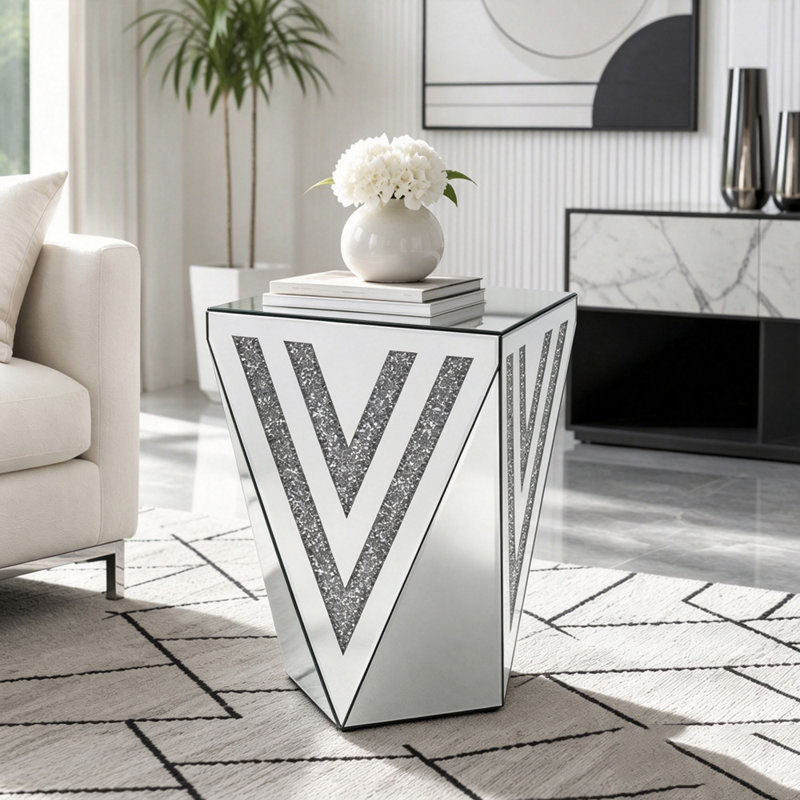 Table carrée à miroir triangulaire inversé avec incrustation de diamants en cristal, 21.65" H x 13.8" W x 13.8" D