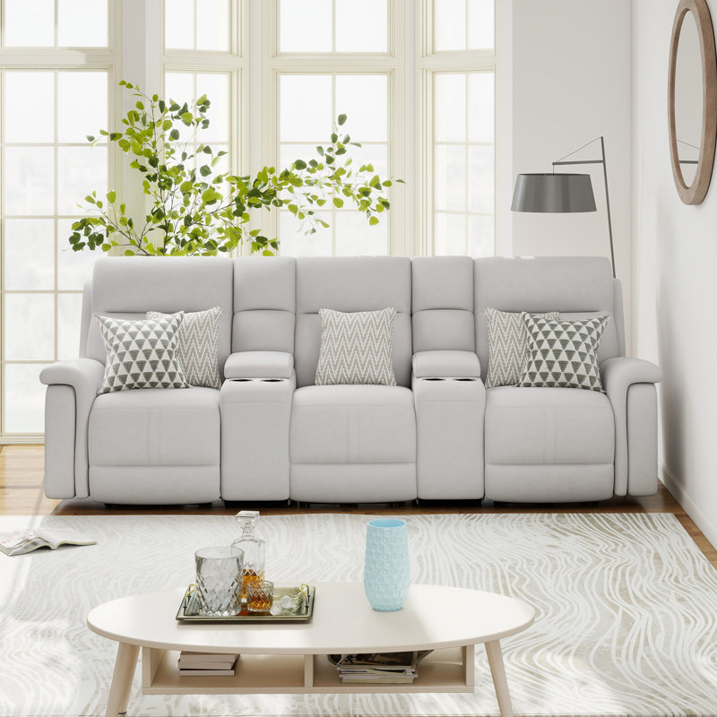 115" Upholstered Cushion Back Power Reclining Sofa with Adjustable Lumbar Support & Headrest, Silver Polyester Blend