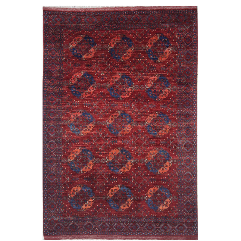 Tapis unique bleu, orange et rouge de 6 pi 2 po x 9 pi 2 po
