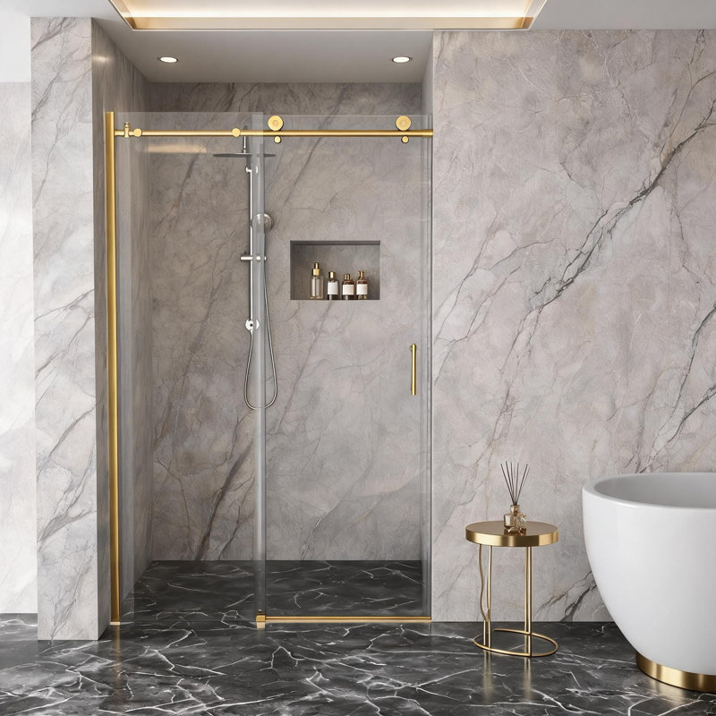 Porte de douche coulissante simple en verre trempé doré de 122 cm x 193 cm avec cadre en acier inoxydable 304