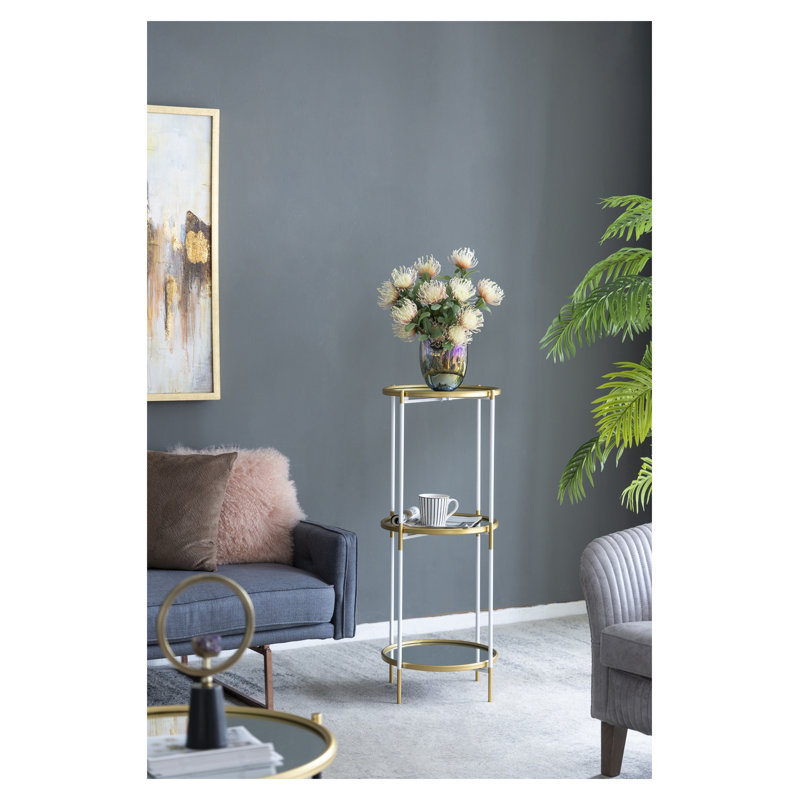 Étagère en miroir à 3 niveaux or et blanc avec plateau rond, 16 po de diamètre x H 39,5 po