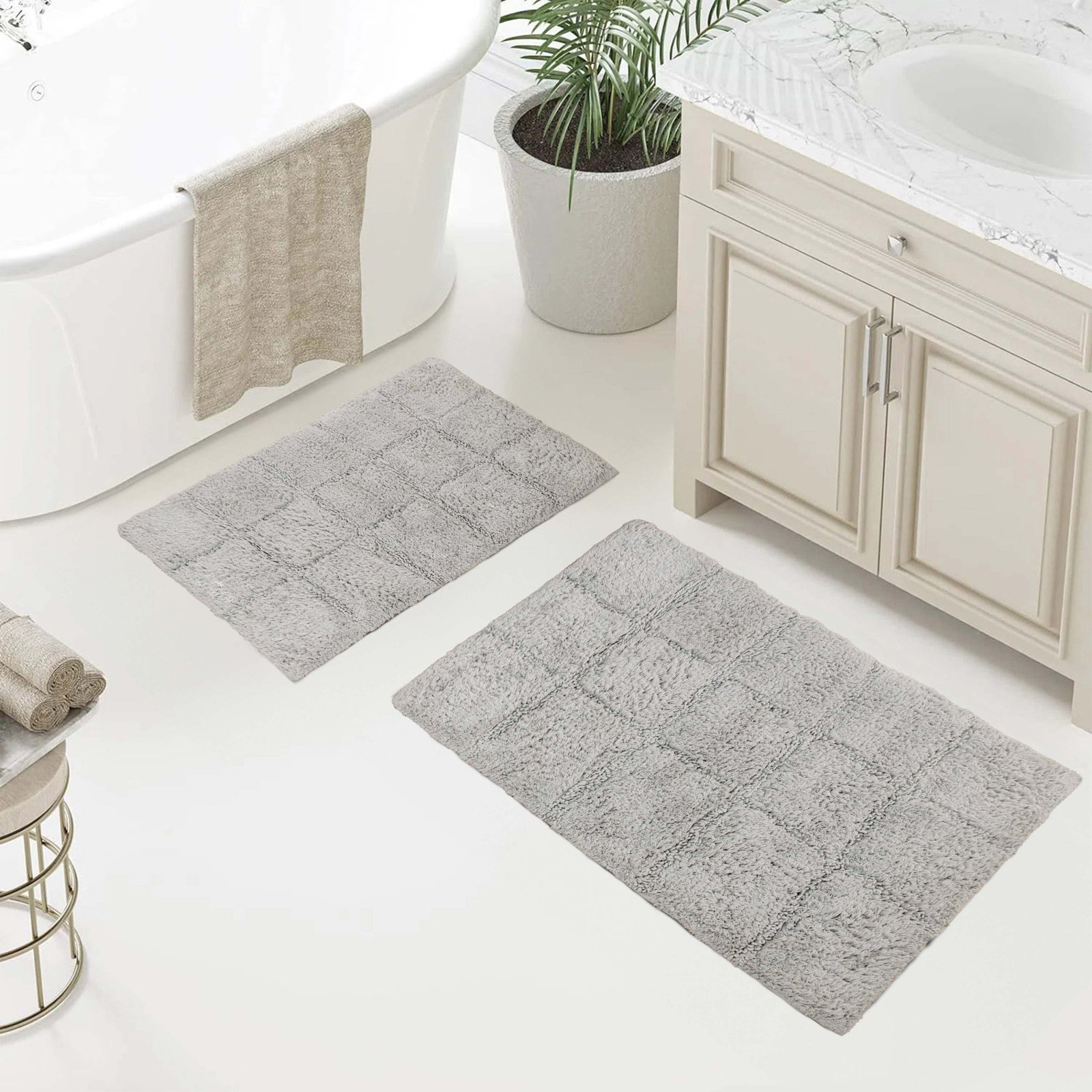 Checkered Cotton Bath Rug, Checkers Silver