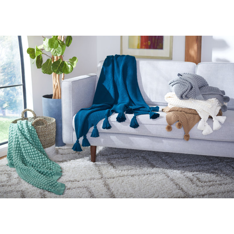 Ivory Knitted Cotton Throw Blanket with Tassels