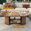 Table basse ovale cannelée, table basse de style campagnard, table basse Mid-Century à 2 niveaux avec tablette de rangement