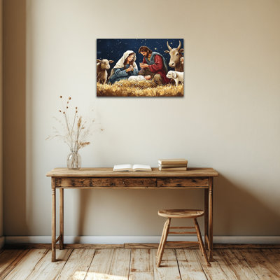 Large Nativity Scene Canvas Wall Art Picture Jesus' Birth Painting Spiritual Poster, Mary Joseph & Baby Jesus Canvas Decor, Birth of Jesus Canvas Prints, Ready to Hang Christian Christmas Wall Artwork, 24×36 Inches