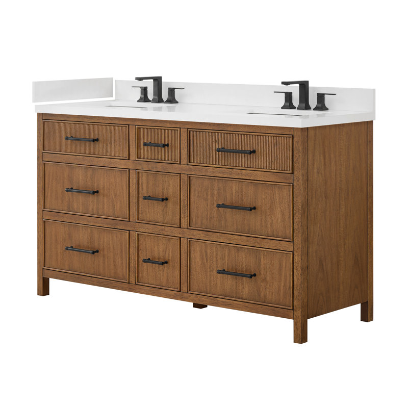 Ensemble de meuble-lavabo double 60 po Isola, Brun, Noir mat, Quartz blanc