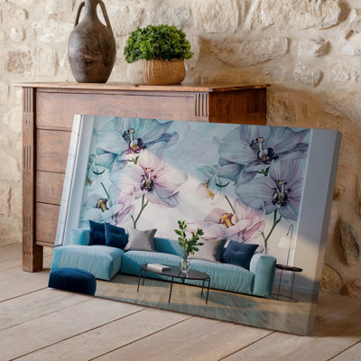 Canvas A Modern Living Room Featuring A Soft Ethereal Wallpaper Design Wall Art Of Translucent Orchids In Shades Of Pale Blue And Canvas Wall Art