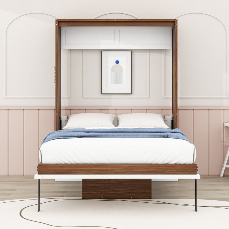 Lit escamotable en bois avec bureau, Noyer gris