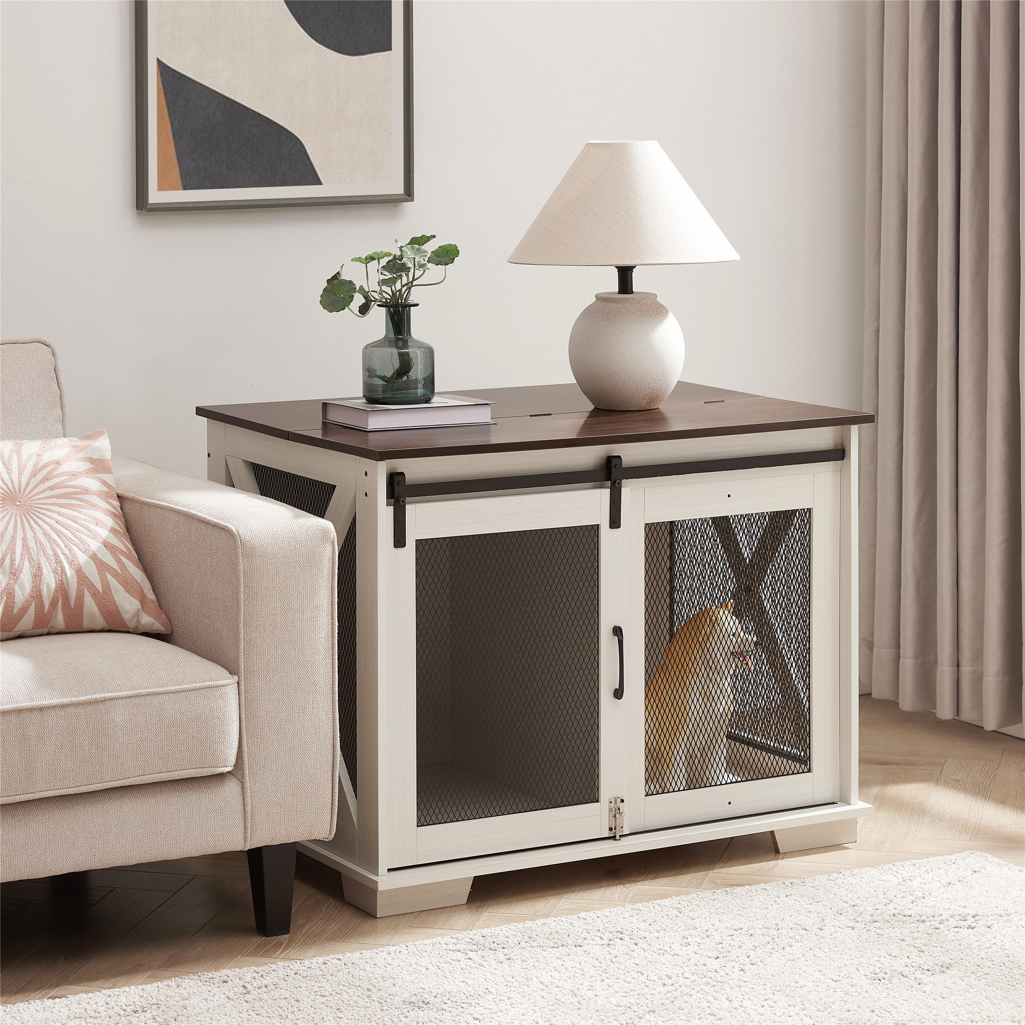 Archie & Oscar™ Farmhouse Dog Cage Crate Furniture with Sliding Barn Door, Farmhouse Wooden Dog Kennel End Table with Flip-top... 