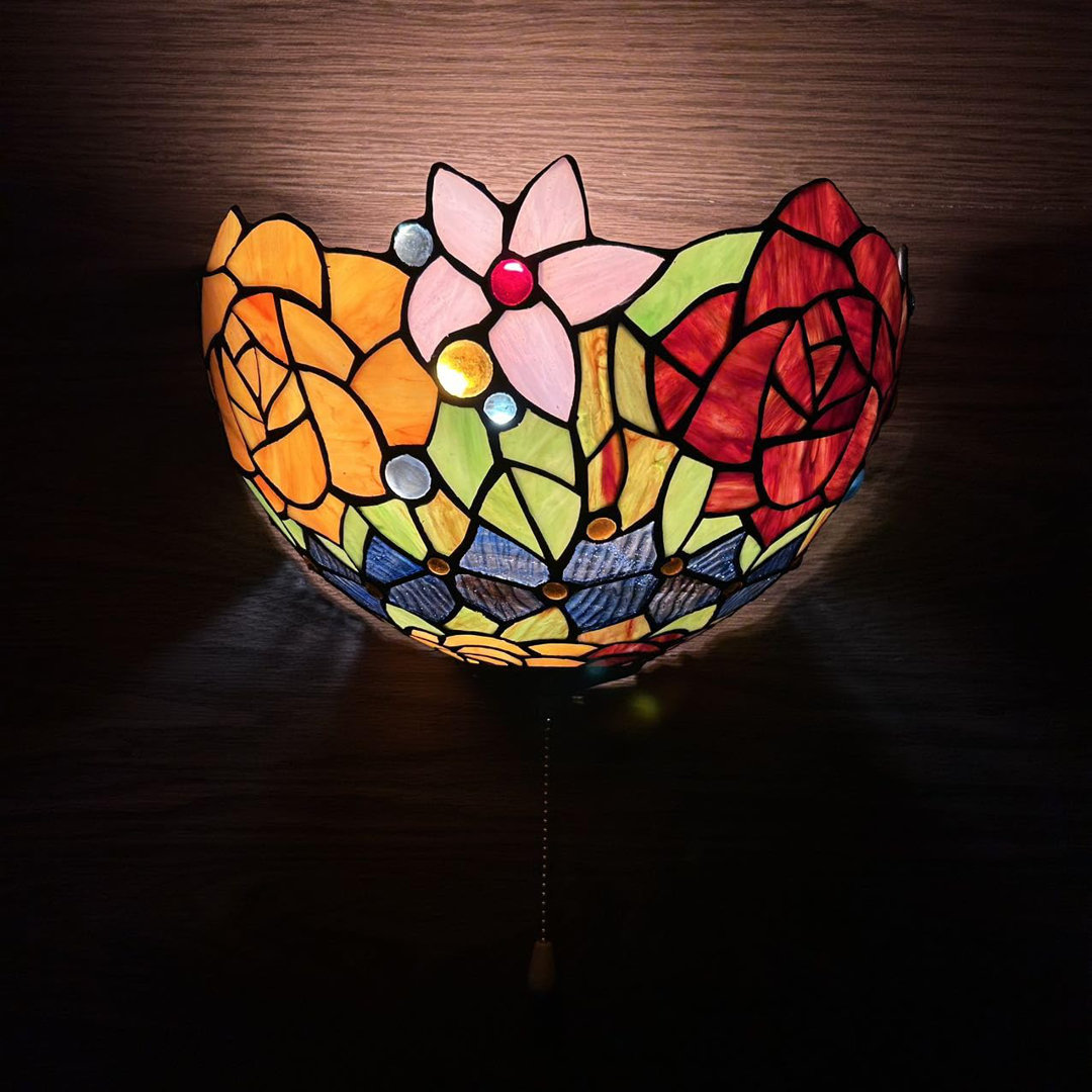 Kaydence Tiffany Sconces Lamp Blue Red Orange Stained Glass Half Moon Rose Flowers Pull Chain Switch LED Bulb 12"W*6"D*7"H Fleur De Lis Living