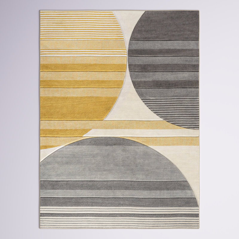 Ascher Geometric Striped Circles Gray/Yellow/Cream Rug, null