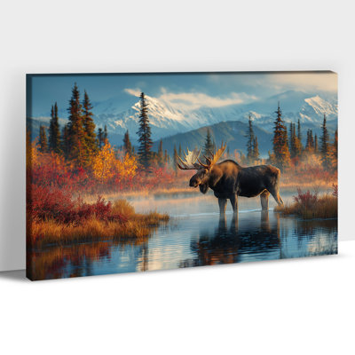 Art mural sur toile grand lac d'orignaux d'hiver, forêt enneigée de montagne, reproduction d'art, peinture de photo de cerf de faune pour salon chambre chalet décoration murale, 32 x 48 pouces