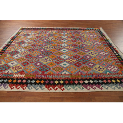 All-Over Trellis Geometric Kilim Wool Area Rug 8x10