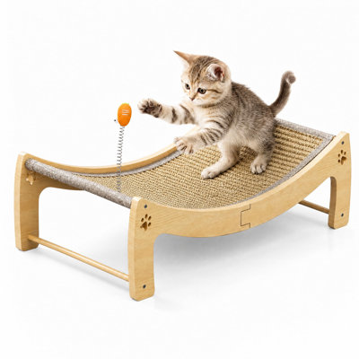Lit à griffer en bois pour chat avec balle suspendue, coussin à griffer en sisal 2 en 1 et fauteuil confortable, canapé pour chat en bois massif durable