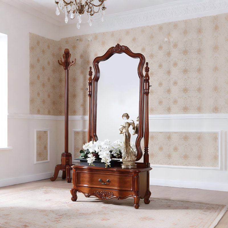 Retro Solid Wood Dressing Mirror with Drawers