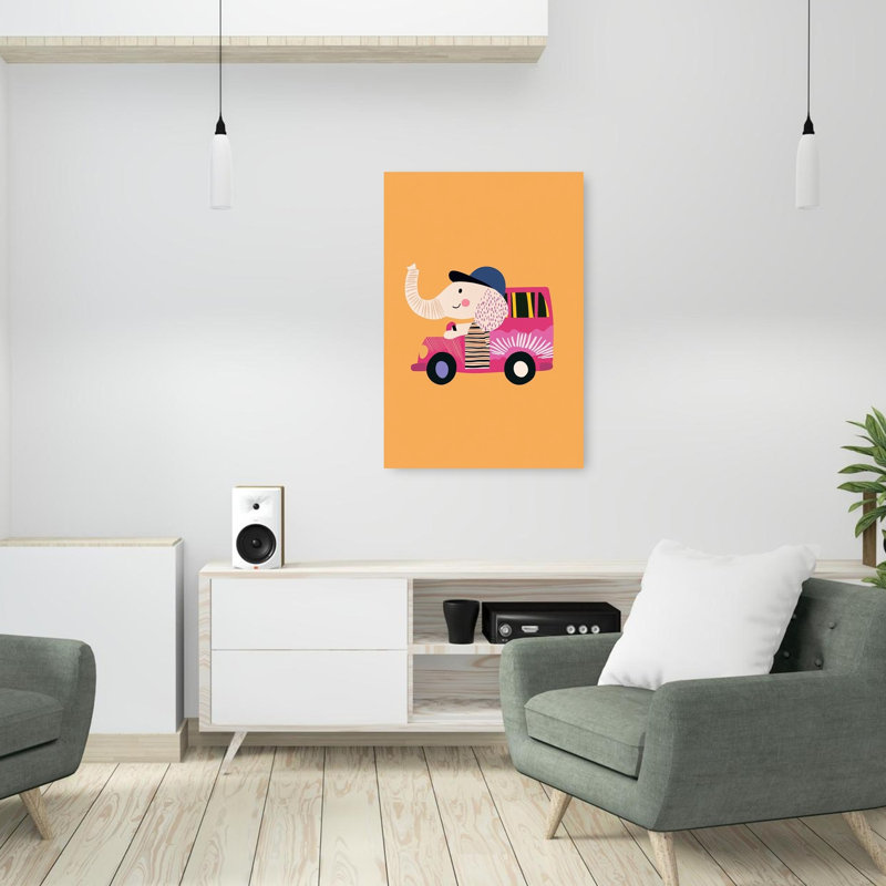 Happy Elephant Driver Contemporary Wall Art Print by Mathieu - Wrapped Canvas Print, 91.44cm H x 60.96cm W