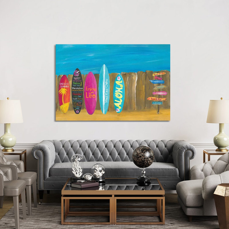The Summer And Palms Surfboard Beach Wall by Markus & Martina Bleichner - Wrapped Canvas Print, 152.5 cm H x 101.5 cm W