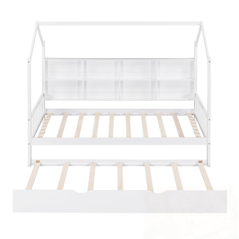 Wooden Full Size House Bed with Trundle and Shelf, Twin