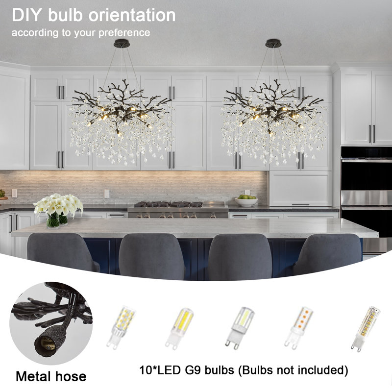 Tree Branch Crystal Chandelier Lighting, Black/White, 10, 15.7" H x 31.5" W x 31.5" D
