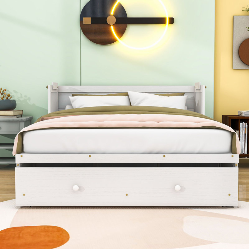 Lit escamotable en bois avec port USB et tiroir, Grand, White