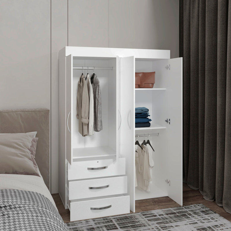 Armoire réglable Denver, tringles, armoire à deux portes, trois tiroirs, deux tablettes blanches