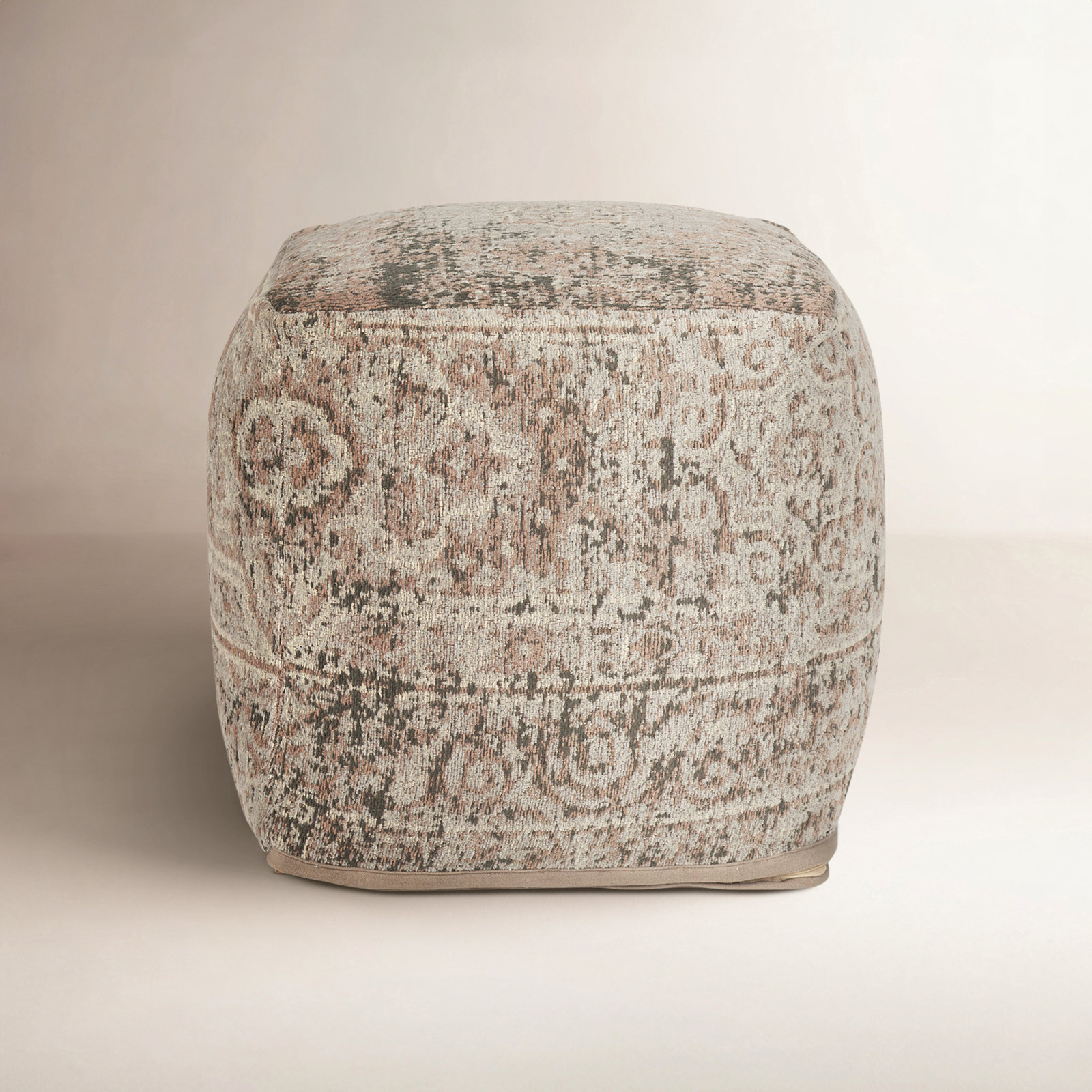 Kason Upholstered Pouf, Taupe Cotton Blend