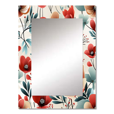 Achraf Blue & Red Coastal Elegance Floral Pattern - Floral Large Wall Mirror, Floral Decorative Mirror, Printed Metal Art