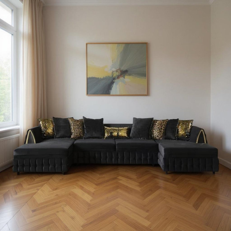 Canapé modulaire en U et méridienne en velours noir avec coussins décoratifs