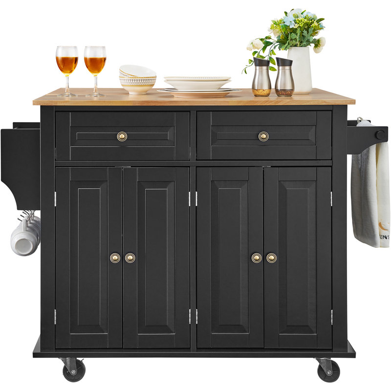 Kitchen Island Cart Rolling Storage Cabinet on Wheel with Drawer & Shelves, Black, 8.27" H x 41.34" W x 22.05" D