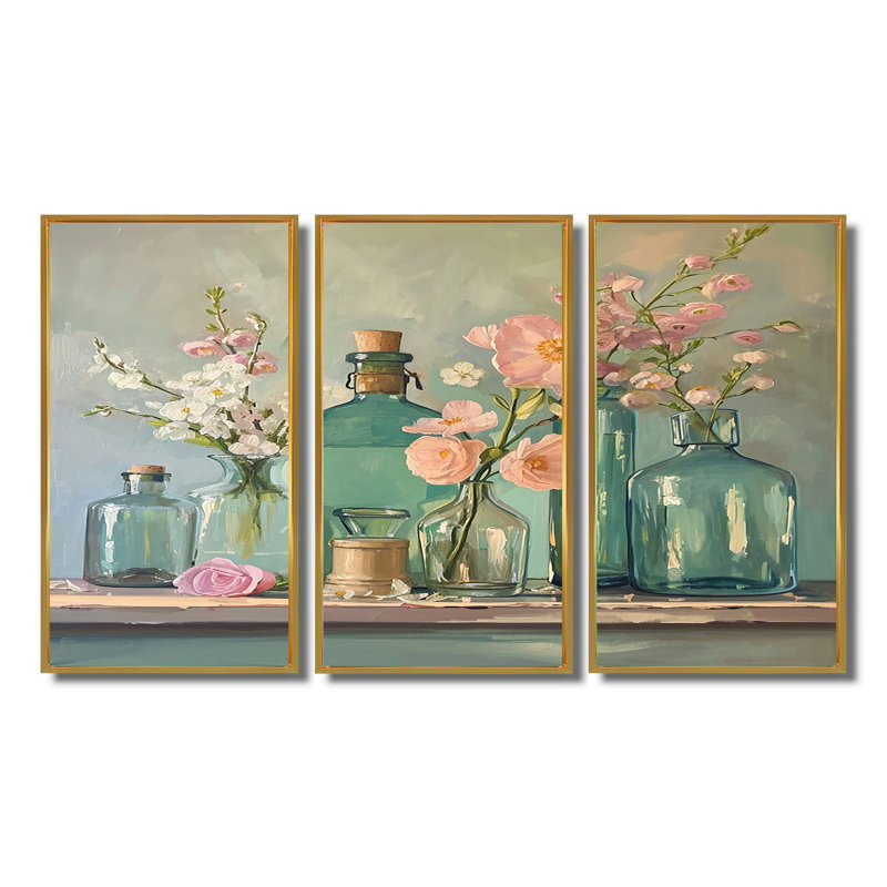 Tyringham - Ensemble de décorations murales assorties de bouquets, Cadre flottant doré, H 40 po x l 60 po x P 1 po