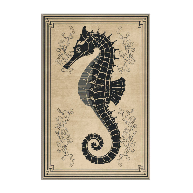Tapis oriental beige classique lavable à la machine Pavnesh Seahorse - reliure beige, 7 x 10