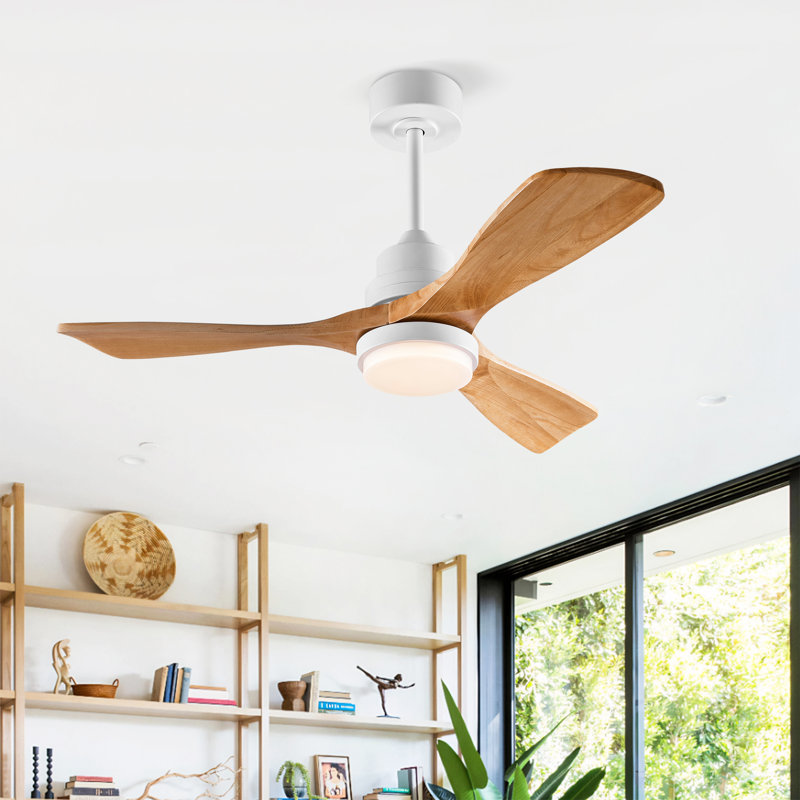 42" 3- Blade Ceiling Fan With Remote Control And Led Light, White, Oak Wood