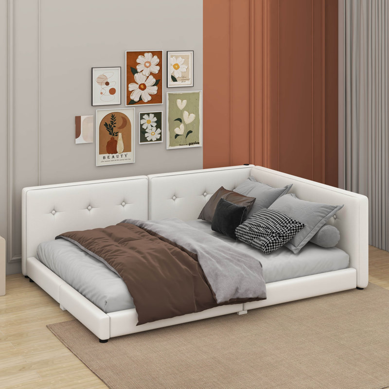 Grand lit plateforme tapissier avec port USB, Beige, Grand lit