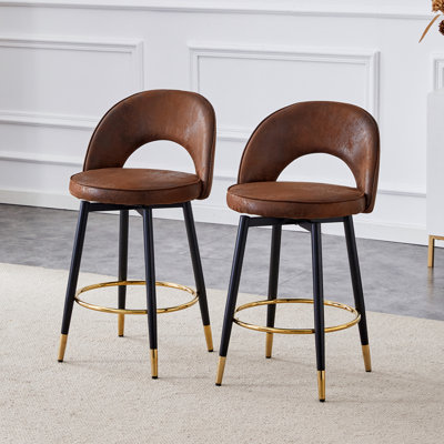 Modern Faux Leather Upholstered Swivel Bar Stools with Gold Footrest and Cutout Back(Set of 2)