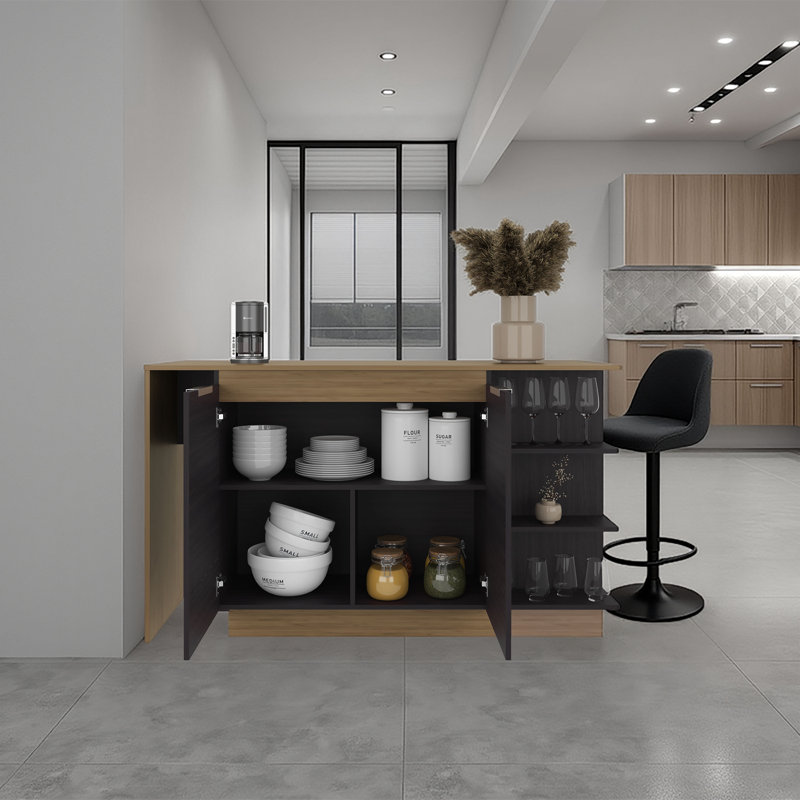 Lumina Modern Kitchen And Bar Counter Table, Freestanding Structure With 2 Door Storage Cabinet, 3 Side Open Shelves And, Spacious Prep Table Countertop