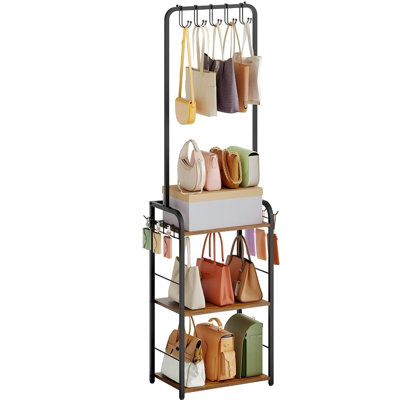 Floor-Standing Purse Organizer With Practical Purse Hanger, Tall & Vintage Purse Rack Stand For Purse Storage，Black，3-Tier Thick Wood