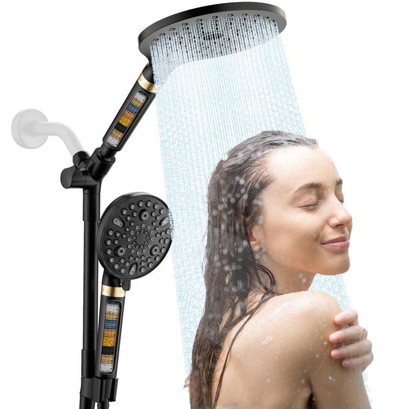 Pomme de douche filtrée double 7,5 po avec barre pliable réglable, Noir mat