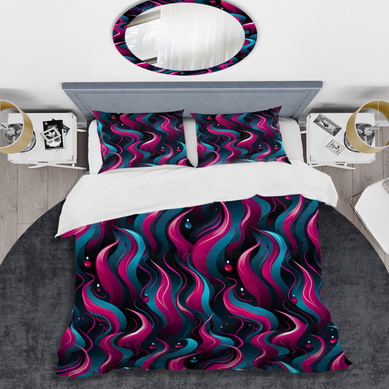 Ensemble de housse de couette à vagues roses et bleues rétro, Housse de couette pour très grand lit et 2 très