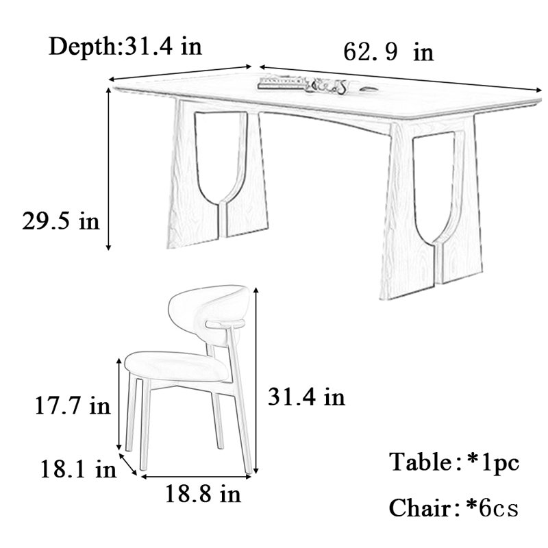 Table et chaise de style ancien moderne et simple, Brun, H 29,5 po x L 62,9 po x l 31,4 po