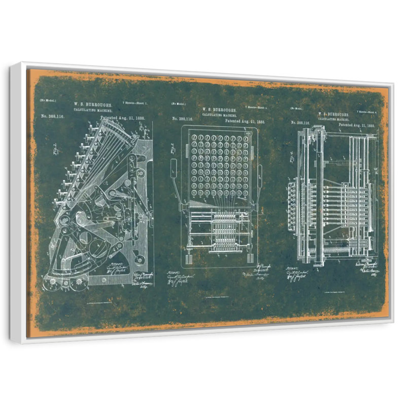 Machine à calculer brevet bleu sarcelle, Cadre flottant blanc, 43 po x 29 po