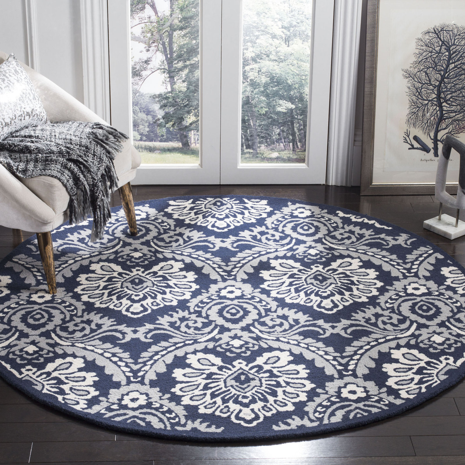 Tansy Navy Ivory Hand-Tufted Wool Rug, Round 4'