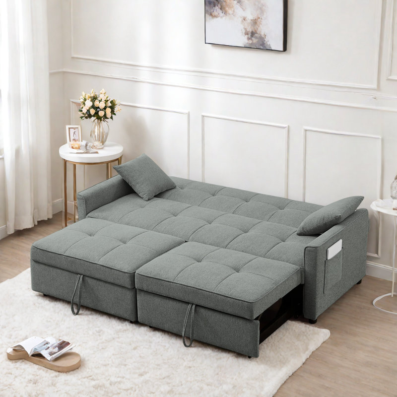 3 In 1 Convertible Sleeper Sofa Bed With Reclining Backrest, Pillows And Side Pockets, Gray