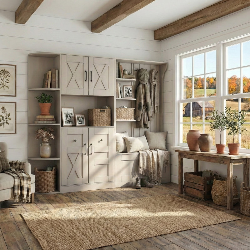 75"W Modular Hall Tree & Entryway Storage Cabinet With Seating Bench & 4 Hooks For Living Room And Hallway, Beige