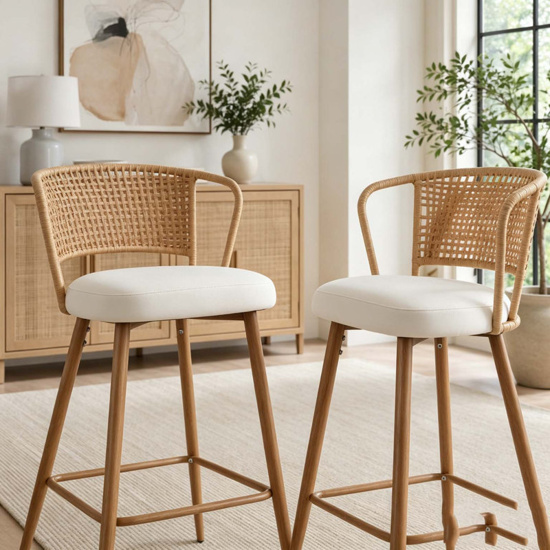 Ensemble de 2 tabourets de bar avec dossier en rotin, tabourets de comptoir rembourrés, tabourets de bar modernes avec pieds en métal